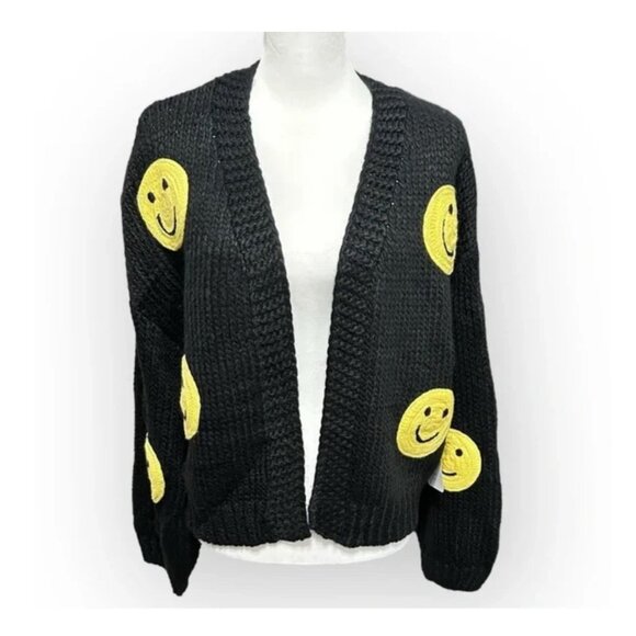 Luna Ivy Smiley Face Open Front Black Sweater Cardigan Size M NEW WITH TAG - Picture 2 of 9